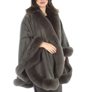 Plus Size Cashmere Cape with Fox Fur Trim Gray